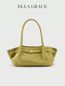 ELLA GRACE - Faux Suede Shoulder Bag, Vintage Boat-Shaped Design, Y2K Minimalist Handbag, Elegant And Distinctive Underarm Wallet - Green - View 8
