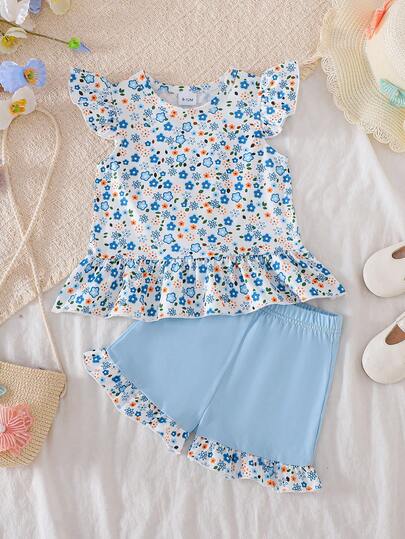 2件套女婴碎花无袖上衣和纯蓝色短裤套装，春夏款