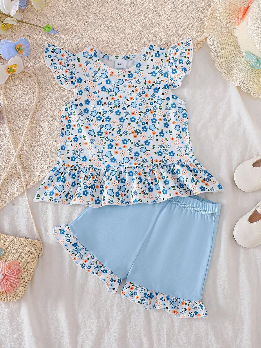 2件套女婴碎花无袖上衣和纯蓝色短裤套装，春夏款 - 淺藍色 - 查看 1