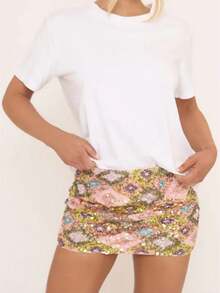 Women's Mini Skirts Geometric Pattern Sequin Skirt Sparkly Low Waist Bodycon Party Short Skirts - 粉色 - 查看 5