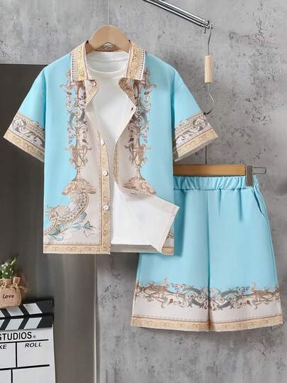 Boys' Print Lightweight Short Sleeve Shirt & Shorts Set, Casual Fashion For Spring/Summer, Festivals & Parties