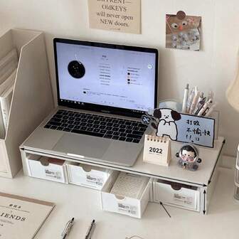 1pc Computer Desk Organizer Rack - Space-Saving Desktop Storage Rack, Made Of Sturdy Wooden Structure, Multi-Layer Shelves, Can Hold Monitor, Keyboard, Office Supplies - Suitable For Home Office, Small Desks - Improve Posture, Enhance Workspace Tidiness, Minimalist Design, High-Quality Material, Ideal For Remote Workers