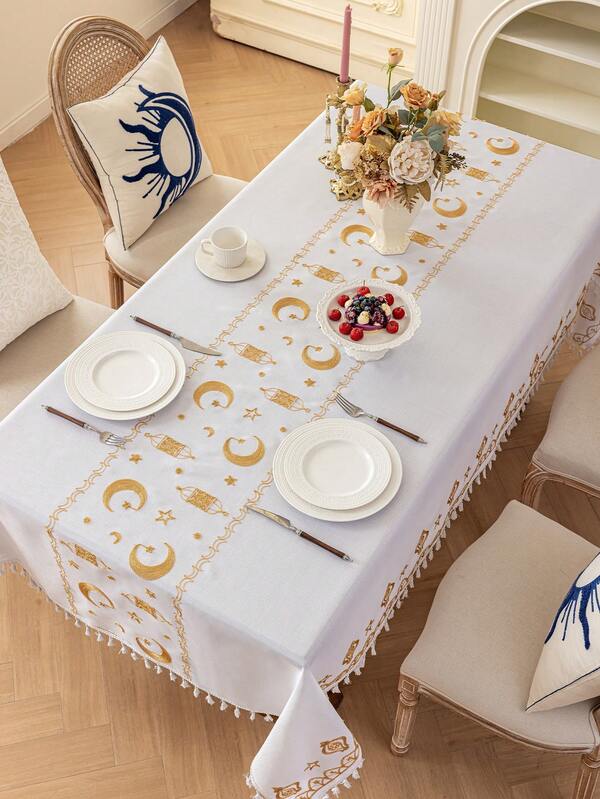 1pc Ramadan Lantern & Crescent Moon Embroidered Tablecloth, Ramadan Festival Kitchen/Dining Table Decor, Multiple Sizes