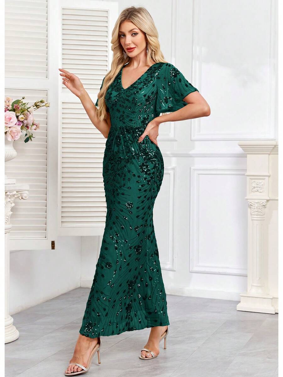 hezixi Đầm dạ hội tay ngắn xòe đính sequin sang trọng, gợi cảm, dài kiểu đuôi cá, thích hợp cho đám cưới, tiệc cocktail, kỳ nghỉ xuân.