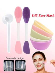 3pcs DIY Face Mask Tool Set - Dual Scale Measuring Spoon + Dual-Head Silicone Face Mask Brush & Cleansing Brush + Soft Silicone Mixing Bowl, DIY Skincare Essential, Easy For Beginners, Mixing & Cleansing, DIY Face Mask Set, DIY Essentials, Precise Measurement, Mixing Bowl, Cleansing Brush, Dual-Head Silicone Brush, 5g Measuring Spoon, Dual Scale Measuring Spoon, Beauty Tools, Beginner DIY Skincare Tools - Multicolor - View 2