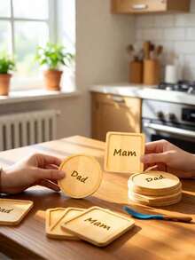 1个个性化杯垫，可印制您的名字，专属家庭成员杯垫，圆形木质杯垫，餐具隔热垫，杯子配件，几何形状，多种款式可选，家庭聚会必备，个性化厨房和餐厅配件，感恩节、情人节、新年、母亲节、父亲节的绝佳礼物 - 杏色 - 查看 3