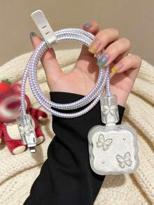 5pcs Resin Rhinestone Butterfly TPU Charger & Data Cable Protector Case, Compatible With Apple 17 Pro Max/40W Charger Anti-Bending Protection - Multicolor - View 5