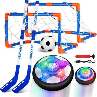 Hover Hockey Soccer Ball Set Boys Toys - 2 In-1 Rechargeable Indoor & Outdoor Game With 2 Goals And LED Lights - Hockey And Soccer Ball Sports Gifts 3+ Year Old Kids