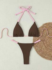Bộ 2 món bikini dây bện màu nâu và hồng dành cho nữ, áo tắm phối màu ngọt ngào gợi cảm cho kỳ nghỉ biển 2026, trang phục sinh nhật cho nữ, đồ tập thể dục cho nữ, váy thanh lịch cho nữ, trang phục đi nghỉ mát cho nữ, áo thun thường ngày cho nữ - Nhiều màu - Xem 2