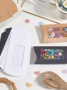 10pcs Pillow-Shaped Kraft Paper Boxes With Rectangular Transparent Window, DIY Packaging Boxes, Wedding Gift Boxes, Birthday Party Supplies