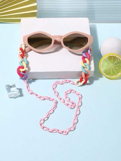 1 pieza Gafas de moda con marco geométrico para niños y niñas de 7 a 14 años y 1 pieza Cadena para gafas con broche de lazo para actividades al aire vacaciones con estuche para gafas