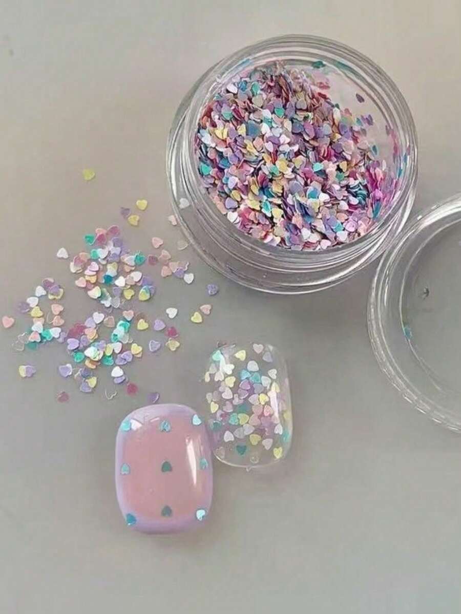 2 Boxes 1CM Handmade Nail Art Colorful Heart-Shaped Sequins & Rhinestones, Sweet Candy Color Nail Decorations