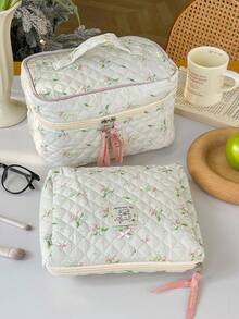 1pc Friend Gift Green Floral Bow Plaid Quilted Girls Makeup Bag, Portable Large Capacity Cosmetic Bag With Zipper, Suitable For Travel And Vacation Essentials, Can Store Sanitary Pads, Keys, Phone, Charger, Lipstick, Cosmetics, Perfume, Makeup Brushes, Etc., Can Be Used As Skincare And Beauty Product Storage Bag, Suitable For Women, Students, Female Students, Also An Ideal Choice For Holiday And New Year Gifts. - Green - View 13