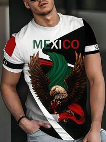 Men's Quick Dry Breathable T-Shirt - Mexican Eagle Pattern In Green, White, Red Sportswear - Lightweight Fitness Travel Casual Top - Fashionable Printed T-Shirt, Machine Washable - White - View 2