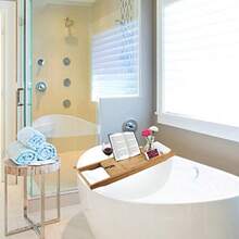 Luxury Bamboo Bathtub Caddy Bath Tub Tray with Extending Sides Built in Book Tablet Holder Cellphone Tray and Integrated Wineglass Holder and Other Accessories Placement - Bandejadebaodecolorbamb - Ver 6
