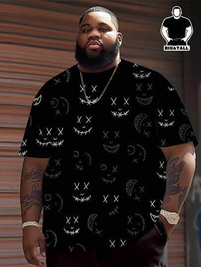Plus Size Men's Black Background Creepy Grinning Face All-Over Print Casual Streetwear T-Shirt