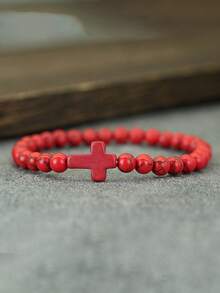 1件极简十字手链 波西米亚风绿松石十字友谊手链 度假配饰 - 6mm串珠手串 - 查看 4