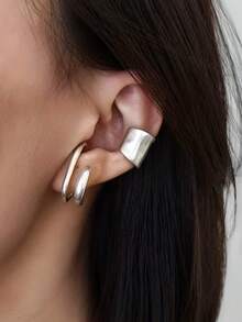 2pcs Women's Clip-On Earrings Set - Wide Circle Double Loop Clip Earrings - Simple Thick Stacked Ear Cuff Jewelry Gift - Multicolor - View 10