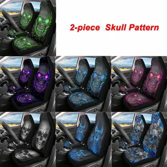 2 Pieces Premium Skull Pattern Car Seat Cover - Universal Fit, Double Front Seat, High-Quality Material For All On New Year & Valentine's Day Gifts