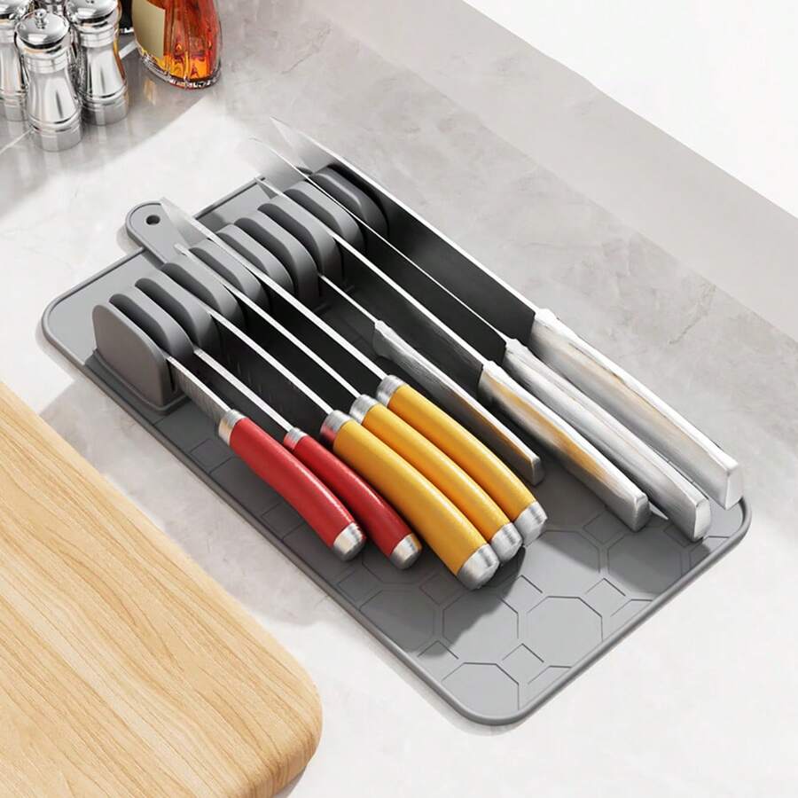 Reposacuchillos ideal para guardar cuchillos de cocina. Portacuchillos tipo cajón, resistente, extraíble y versátil. - Gris - Ver 1