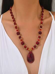1件时尚高品质红色亚克力串珠吊坠项链，适合女性日常及派对佩戴，礼品 - 酒紅色 - 查看 1