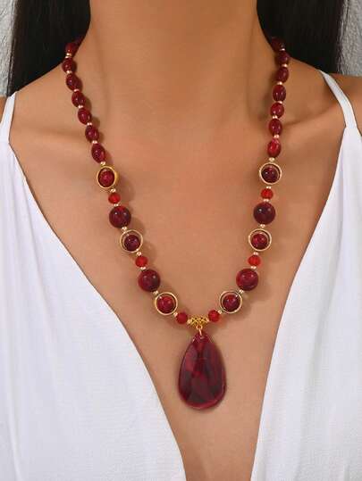 1件时尚高品质红色亚克力串珠吊坠项链，适合女性日常及派对佩戴，礼品