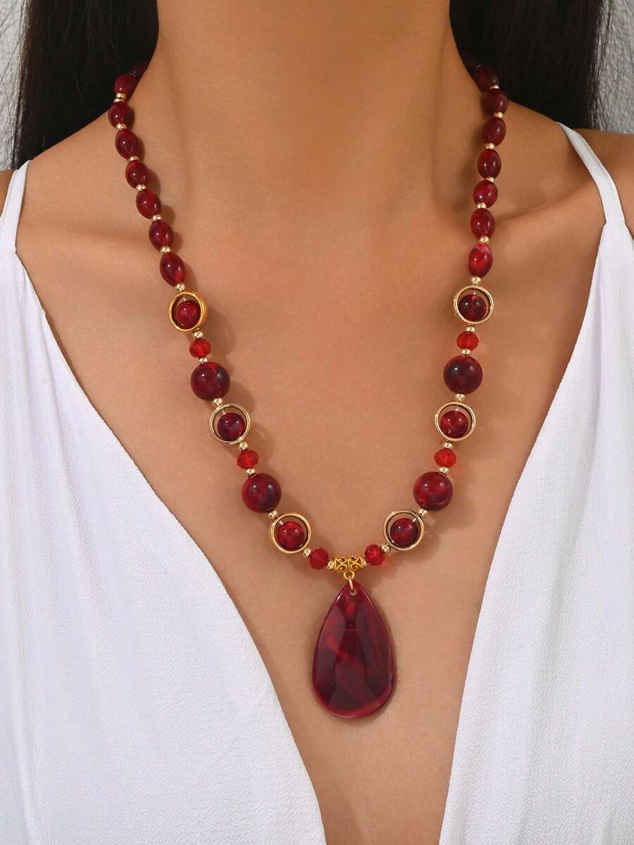 1件时尚高品质红色亚克力串珠吊坠项链，适合女性日常及派对佩戴，礼品 - 酒紅色 - 查看 1