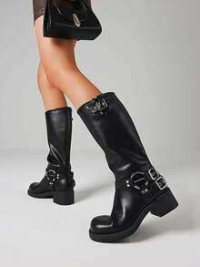 Botas altas hasta la rodilla con hebillas metálicas vintage para mujer, de puntera redonda, pantorrilla ancha, estilo motero de tacón ancho, de moda, con cierre de cordones Y2K - Negro A - Ver 1