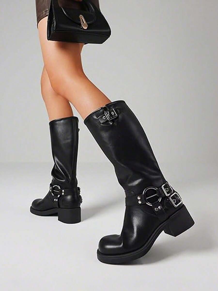 Botas altas hasta la rodilla con hebillas metálicas vintage para mujer, de puntera redonda, pantorrilla ancha, estilo motero de tacón ancho, de moda, con cierre de cordones Y2K - Negro A - Ver 1