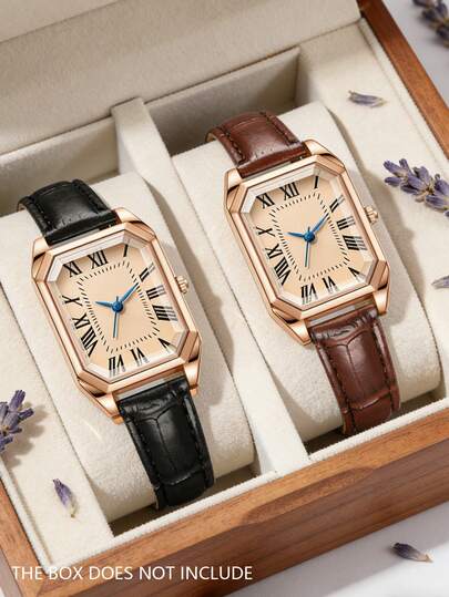 2pcs Vintage Minimalist Women's Quartz Wrist Watches, With Gold-Tone Accessories And Genuine Leather Straps. The Set Includes Black And Brown Leather Bands, Paired With A Rose Gold-Tone Square Dial And Roman Numeral Hour Markers, Showcasing A Retro-Chic Style That Exudes Feminine Elegance. As A Practical Timepiece And Jewelry Accessory, It Is Suitable For Daily Wear, Commuting, Casual Gatherings, And Various Other Occasions.