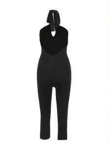 Bộ jumpsuit ôm sát, thanh lịch, thời trang với thiết kế khoét ngang phía trước, buộc dây cổ và hở lưng, phù hợp cho yoga và mặc hàng ngày, hàng mới về mùa xuân/hè, trang phục đi nghỉ mát cho nữ. - màu đen - Xem 4
