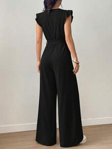 Women Summer Overall One Piece Jumpsuit Crew Neck Ruffle Cap Sleeve Self Belted High Waist Wide Leg Straight Romper With Pockets Spring Casual Beach Vacation Holiday Outfits - 黑色 - 查看 2