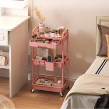 Organizador de carrito utilitario de 3 niveles con cajón extraíble, carrito de almacenamiento estable y resistente con 2 ruedas bloqueables para baño, cocina, aperitivos, manualidades, - Rosa - Ver 10