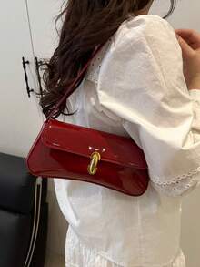 Red Gold Handbag Fashion Womens Vintage Shoulder Bag - Glossy Patent Leather Baguette Bag, Women's Retro Faux Leather Flap Decor Underarm Shoulder Bag, Suitable For Dates, Outings, Parties And Other Occasions - 彩色 - 查看 2