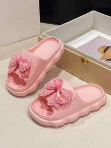 Kids' Summer Beaded Bow Slippers, Comfortable Non-Slip Soft-Sole Breathable Sandals With Bow Decor For Girls - Pink - View 2