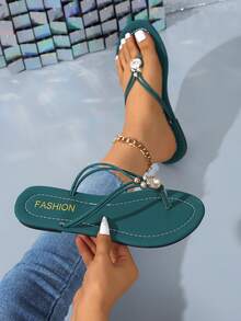 女士凉鞋。趾环凉鞋。时尚人字拖。趾柱拖鞋。女士一脚蹬拖鞋。圆头金属扣。水钻装饰平底人字拖 - 綠色 - 查看 16