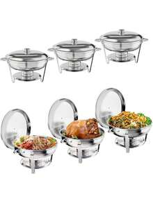 Chafing plato para buffet 2/4/6 paquete, 5QT acero inoxidable redondo chafing platos buffet con soporte de tapa, chafers y calentadores de alimentos con cuchara y pinzas para fiestas, bodas, plata - 6 paquetes - Ver 1