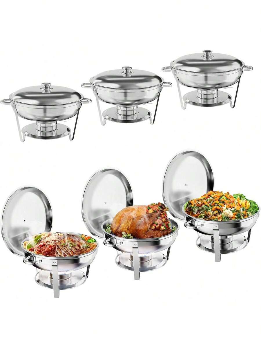 Chafing plato para buffet 2/4/6 paquete, 5QT acero inoxidable redondo chafing platos buffet con soporte de tapa, chafers y calentadores de alimentos con cuchara y pinzas para fiestas, bodas, plata - 6 paquetes - Ver 1