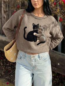 Sweat-shirt décontracté pour femmes grande taille avec motif mignon de chatons s'étreignant, col rond, manches longues, idéal pour le printemps et l'automne. Couleur gris terreux, parfait pour la Saint-Valentin - Cendre - Voir 2