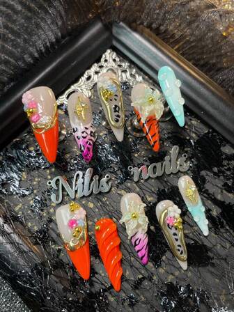 10 st. Stiletto Akrylnagelkit, Orange & Gröna & Lila Naglar, Orange & Vita Franska, Grön Tie Dyeing, 3D Stereo Stål & Stjärnor & Blommor Nageltillbehör Dekoration