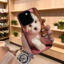 Cubierta de telefono con borde negro y diseño de perro blanco lindo para iPhone 14 Pro Max funda protectora con estampado de cachorro en tonos rosados y madera ideal para amantes de mascotas y estilo casual,Aplicable a los teléfonos de la serie Apple y Galaxy - Negro - Ver 4