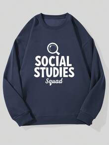 Men's Casual Crew Neck Sweatshirt With Social Studies Team Pattern - 藏蓝色 - 查看 6