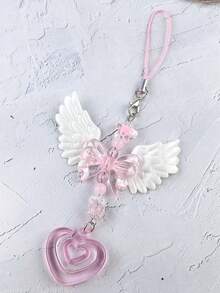 新款时尚女士可爱翅膀蝴蝶结心形手机挂饰，适合女孩和女士，可用作钥匙扣、包包装饰配件和礼物 - 淺粉色 - 查看 3