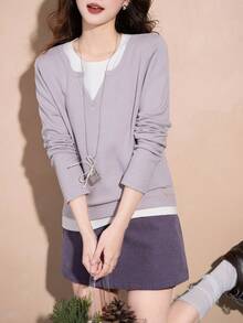Alicedudu Women's Casual Soft Color Block Pullover Sweater, Spring/Autumn - Dusty Purple - View 3