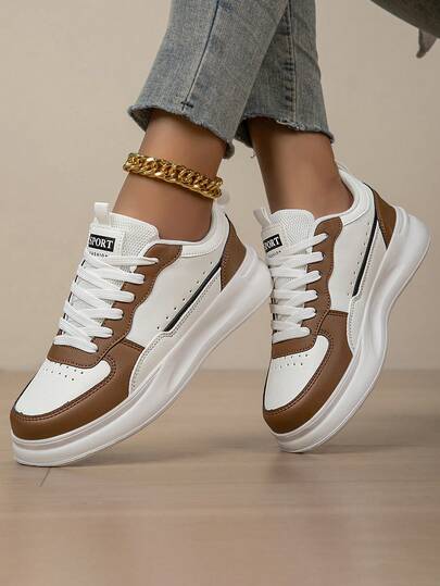 Women's Fashion Casual Lace-Up Sneakers Low-Top Breathable Color Block Athletic Shoes, Lightweight & Comfortable Skate Shoes