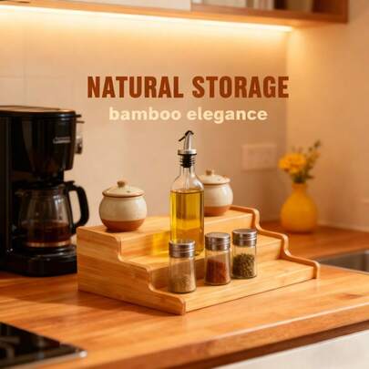 Bamboo Multi-Tier Organizer Rack For Kitchen Counter, Coffee Nook, Breakfast Bar & Baking Station - Storage For Spices, Oil Bottles, Jars & Small Kitchen Supplies,13in*8.26in*3.9in