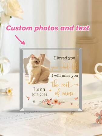 1 pieza Placa conmemorativa cuadrada de acrílico personalizada para mascotas, una decoración personalizada con fotos y texto, un mensaje de "Te extrañaré" para gatos y perros, un regalo conmemorativo para consolar, un inserto de foto, diseño floral para decoración de escritorio de oficina, artículo conmemorativo para perros