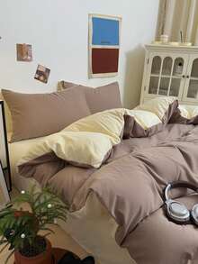 三件套简约纯色被套套装（1个被套+2个枕套，不含被芯和枕头），柔软舒适，透气性好，四季皆宜，可机洗。 - 咖黃 - 查看 7