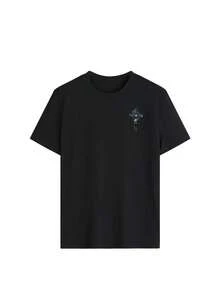 Camiseta de manga corta negra para mujer, con estampado de letras artísticas, estilo casual, holgada y versátil, cuello redondo, ideal para uso diario y vacaciones, transpirable y cómoda. - Negro - Ver 4