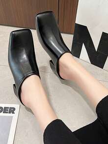 Chunky Heel Closed Toe Slip-On Mules For Women, Slouchy Slip-On, Trending Spring/Summer 2025 New Arrival - Black - View 2